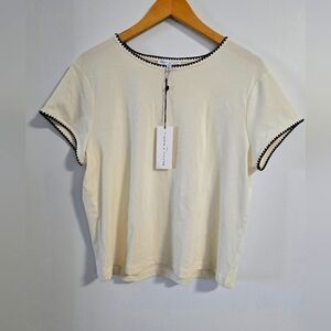 Maison D'Amelie Paris Contrast Trim Cream Ivory Short Sleeve Top Black Size XL